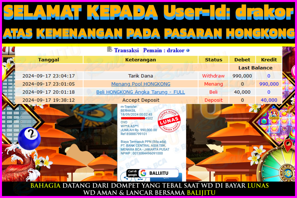 BUKTI MENANG MEMBER BALIJITU 08/10/2024