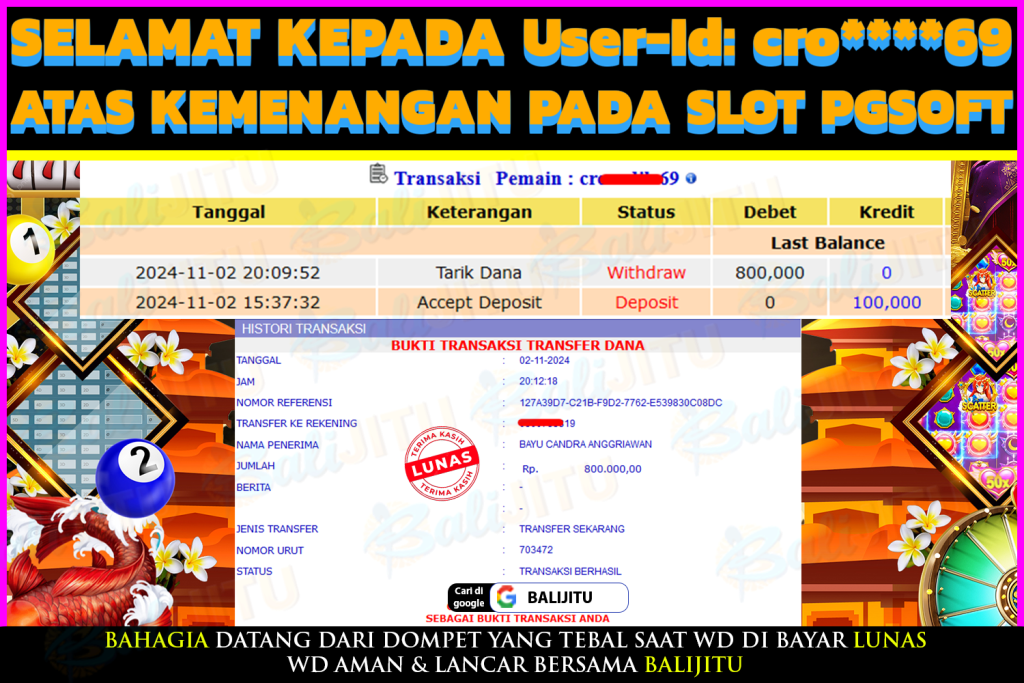 BUKTI MENANG MEMBER BALIJITU 06/11/2024