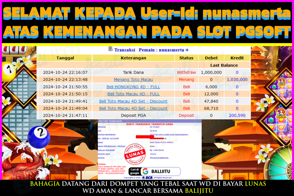 BUKTI MENANG MEMBER BALIJITU 01/11/2024