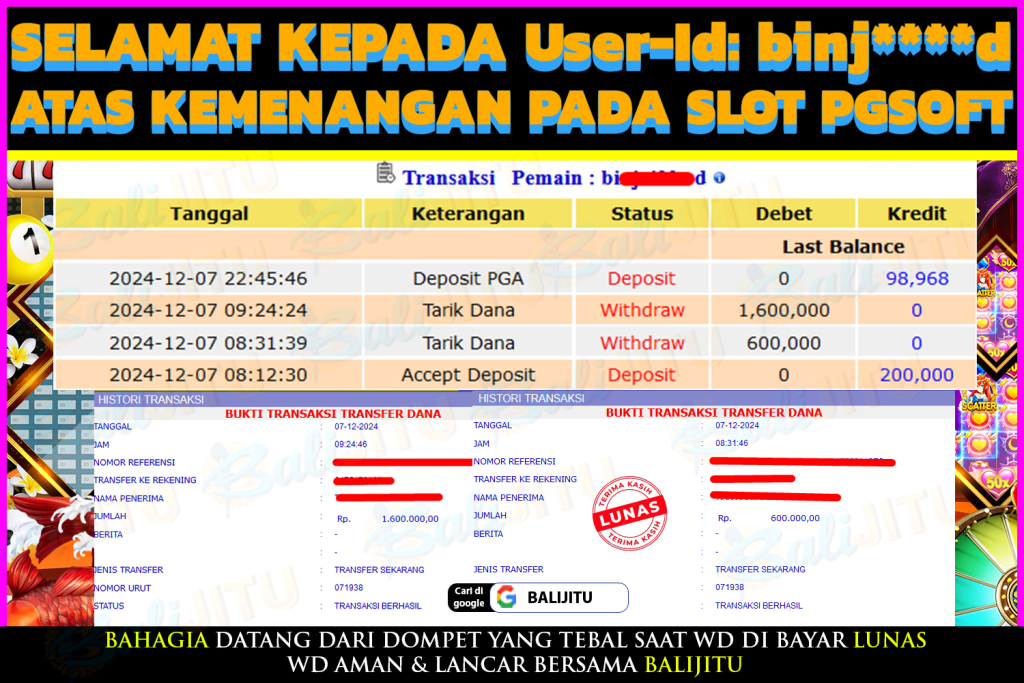 BUKTI MENANG MEMBER BALIJITU 10/12/2024